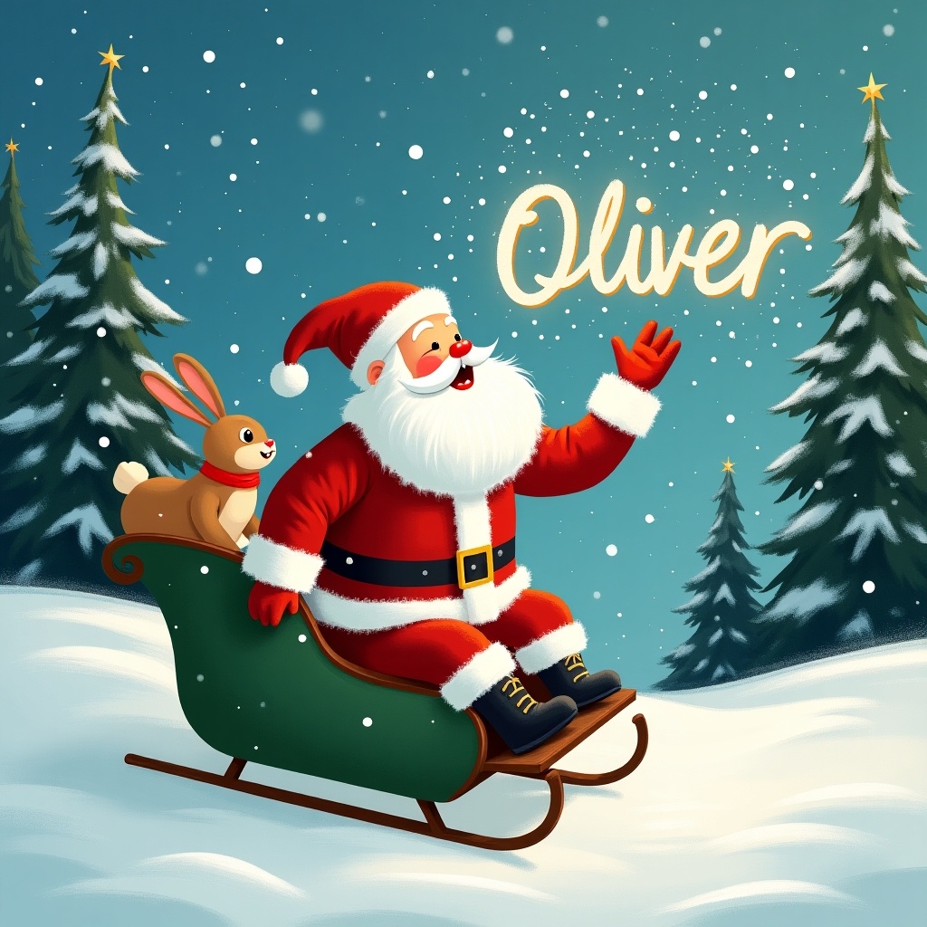 A whimsical Santa Claus is depicted in a winter wonderland. He is joyfully conjuring magical writing in the sky that spells 'Oliver.' Dressed in a classic red and white suit, Santa sits in a green sled. A friendly rabbit accompanies him, adding to the charm of the scene. Tall evergreen trees dusted with snow provide a beautiful backdrop. The sky is filled with twinkling stars, enhancing the magical feeling. This image perfectly captures the essence of Christmas and holiday cheer, perfect for festive occasions.