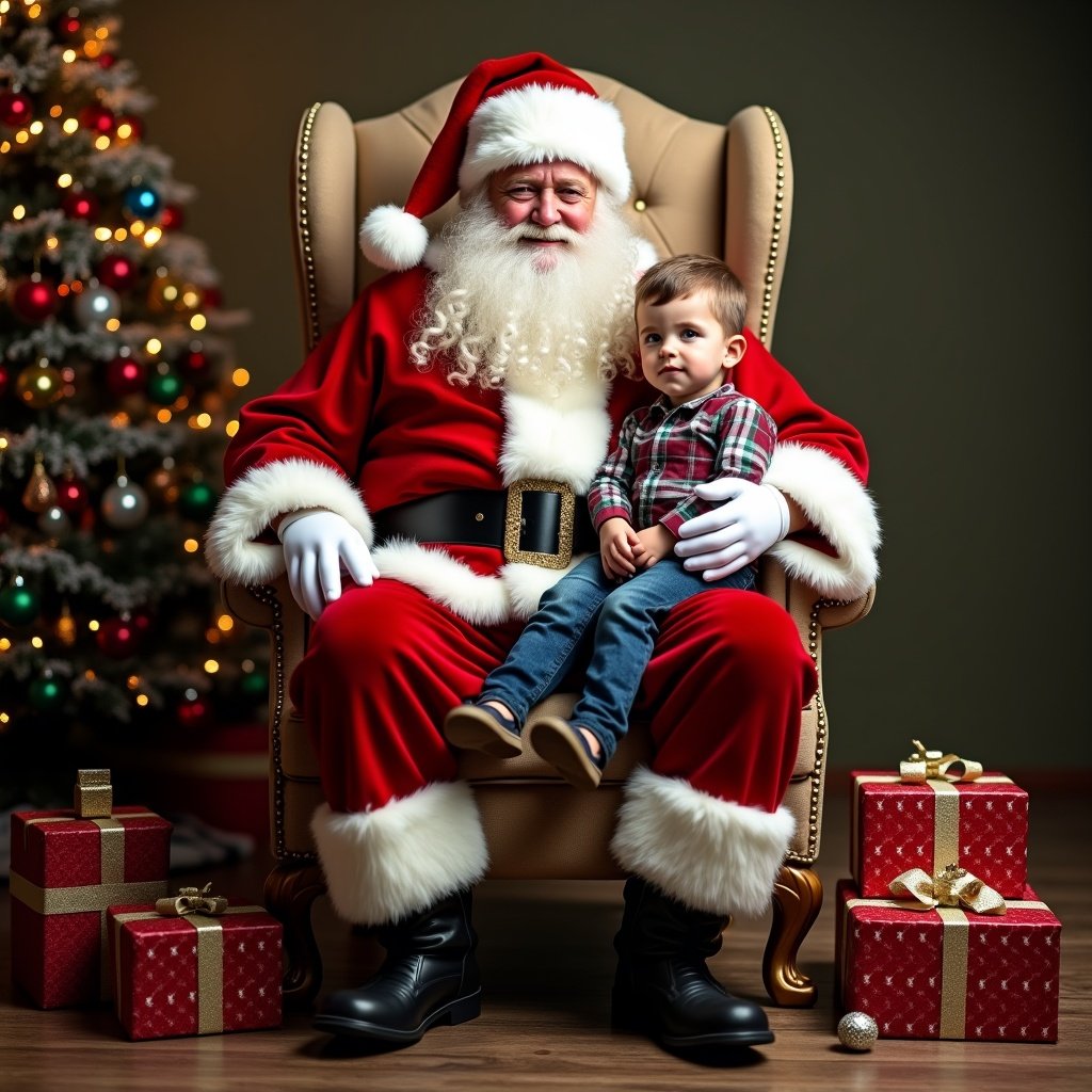 Photo realistic Santa Claus in traditional red suit with white trim seated on throne. Christmas ornaments scattered around him. In background, a decorated Christmas tree is visible. Scene has warm and cheerful holiday atmosphere for Christmas celebrations. Magic of Santa preparing for gifting season captured, with a boy sat on his knee.