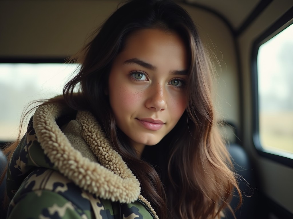 a portrait of a young woman with long brown hair and blue eyes, wearing a camouflage jacket with a fur collar, softly lit, looking into the camera, inside a vehicle with a blurred background