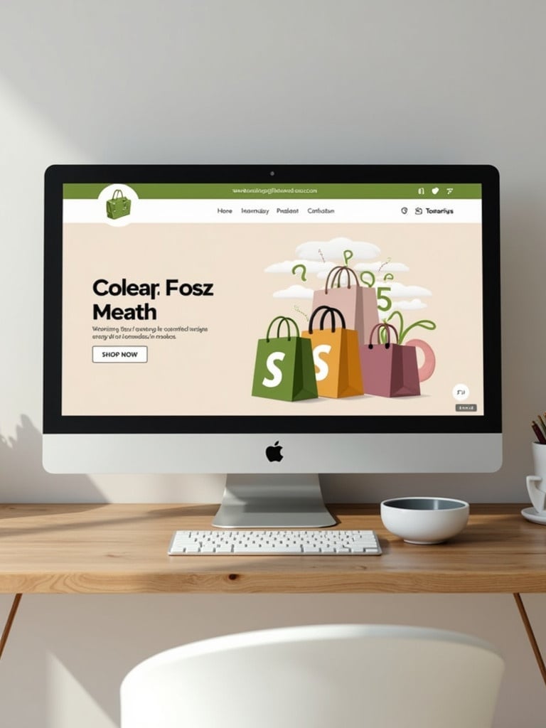 E-commerce mockup showcasing Shopify and WooCommerce development on a computer. It features a website with shopping bags, prices, and a clean aesthetic. Desk and monitor setting with a bowl on the side.