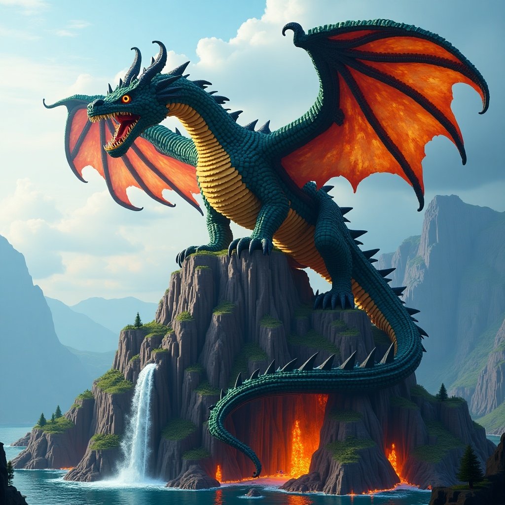 A colossal dragon made of blocks is perched on a jagged mountain peak. The wings are wide with layers of gradient colors. The body has scales of obsidian, emerald, and gold blocks. The eyes glow bright and fierce. The mouth reveals sharp fangs with lava. A mystical cave, glowing crystals, and waterfalls add depth.