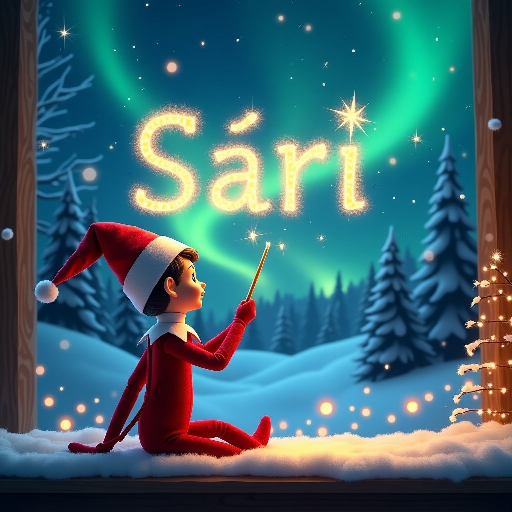 The image features an elf on the shelf with its back turned. It uses a magic wand to spell out the name 'Sári' in sparkling letters against a night sky. The enchanting northern lights illuminate the night, adding a colorful backdrop. Snow gently falls around a beautiful winter landscape filled with lit trees. This captures the essence of holiday magic and excitement.