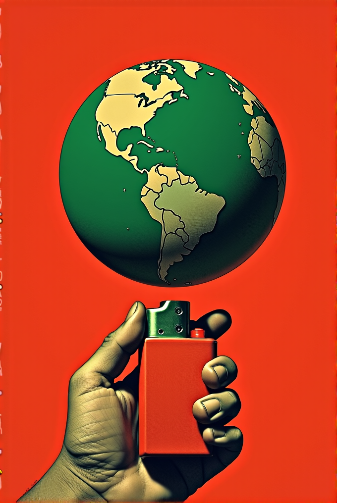 A hand holds a red lighter, with the Earth depicted as its flame against a bold red background.