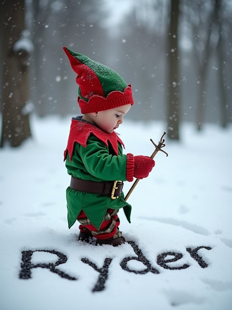 Child dressed in a green and red elf costume stands in the snow. The child is writing the name Ryder in the fresh snow.