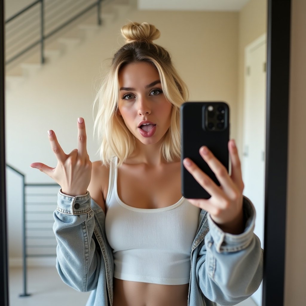 Self-portrait in a mirror. Young woman with shoulder-length blonde hair in loose bun. Wearing a white tank top and light gray denim jacket. Defiant expression, tongue out, middle finger gesture. Natural makeup. Neutral complexion. Soft lighting from a window. Light beige background with modern interior elements. Classic frontal view. Casual and edgy mood.