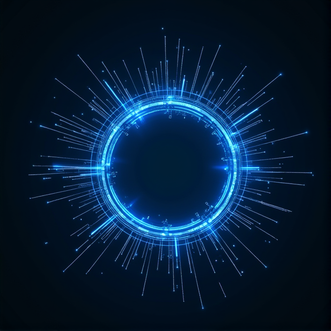 A glowing blue circle with bright digital lines radiating outward.