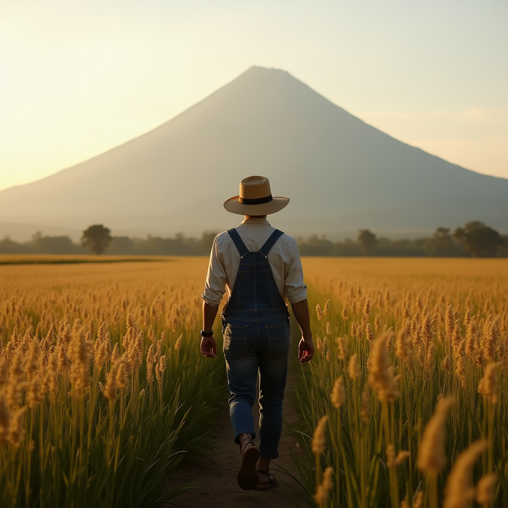 A person in overalls and a hat walks through a golden field towards a mountain at sunset.