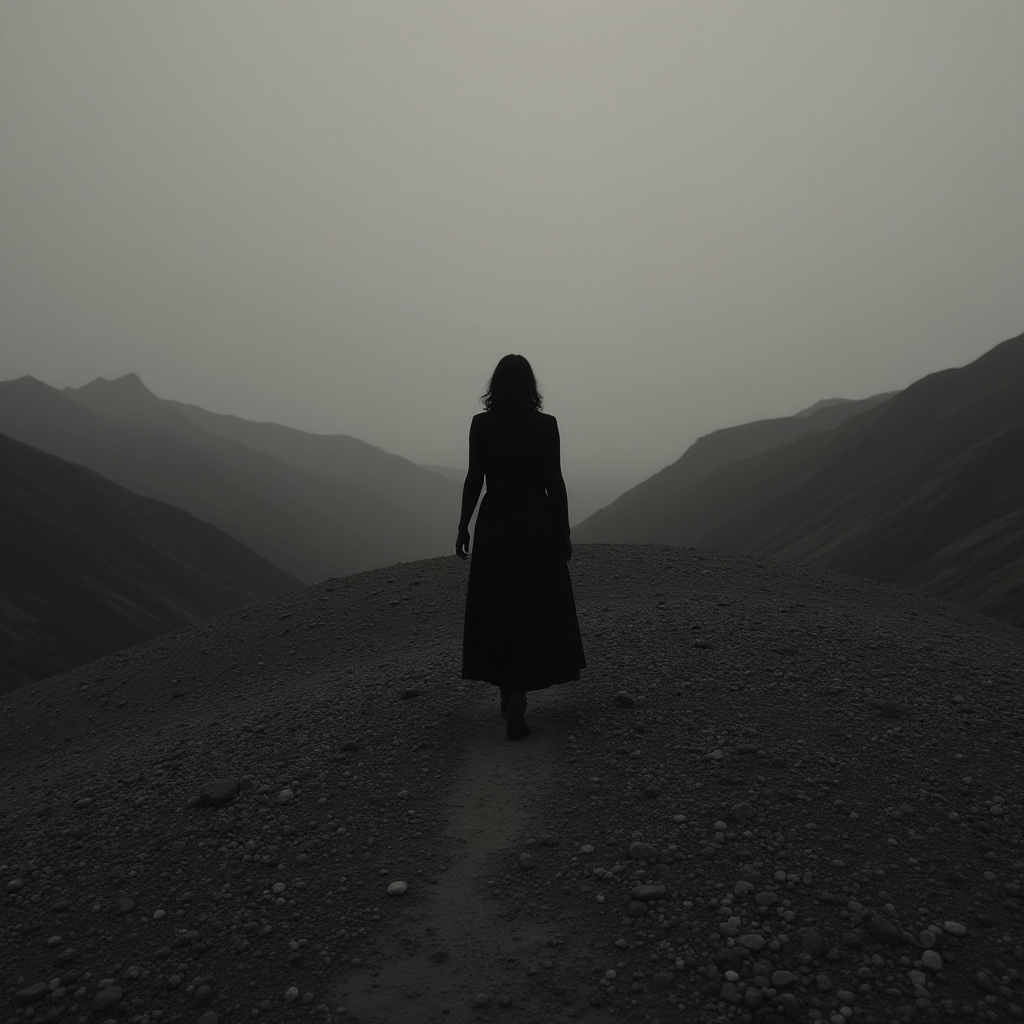 A lone figure in a dress standing on a rugged, misty hill with distant mountains.