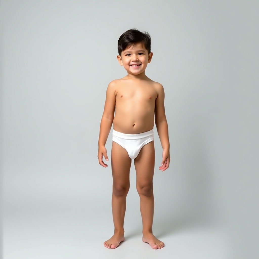 Young boy standing barefoot upright against a light gray background. He is wearing white underwear. Soft, even lighting creates a calm atmosphere. Pose is confident and relaxed, showcasing playfulness and innocence. Minimalistic style focused on the subject.