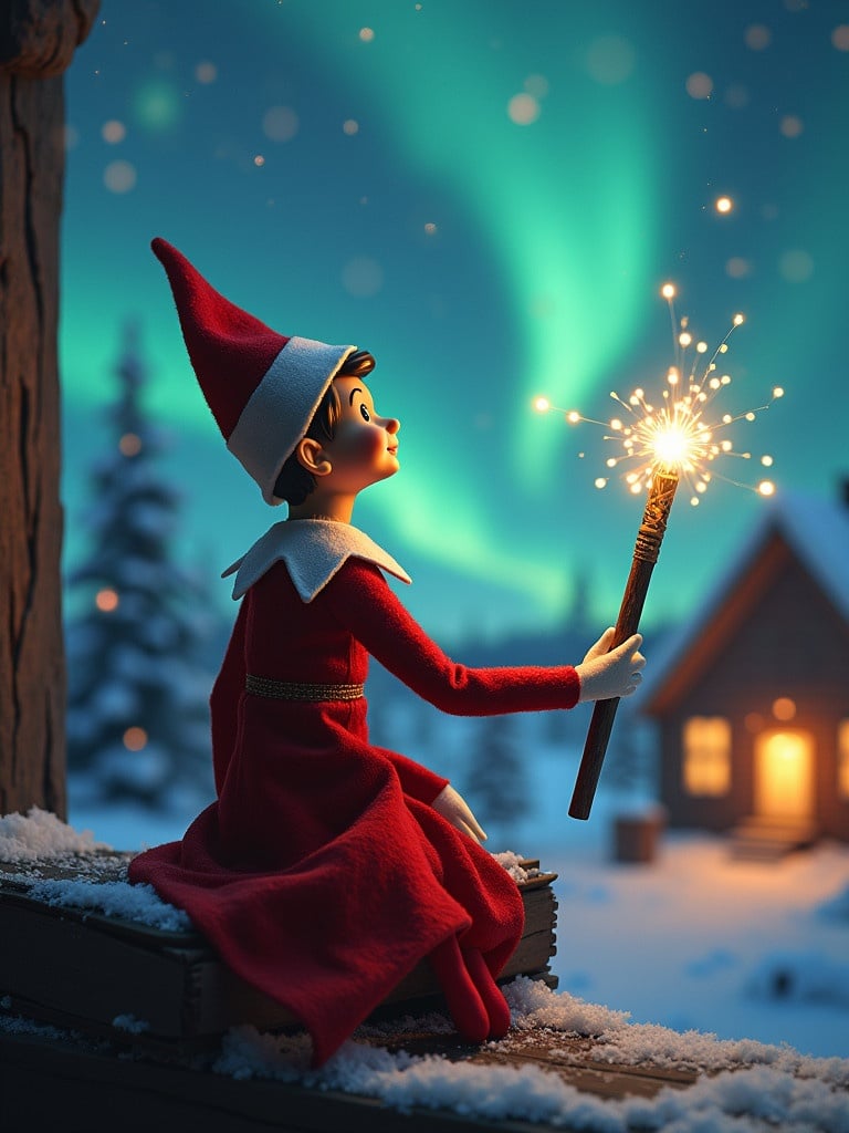 Elf on the shelf sits outdoors. The elf gazes at northern lights. The elf holds a sparkling wand. Snow covers the ground. A cozy house is in the distance. Magical feel of Christmas captured in the scene.