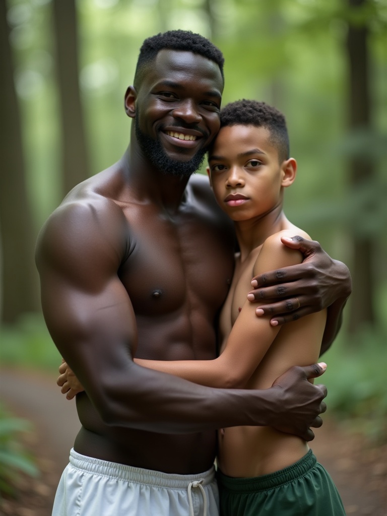 Black man hugs white boy scout in forest camp. Man wears only white speedos. Boy wears green trunks. They stand close together amidst trees.