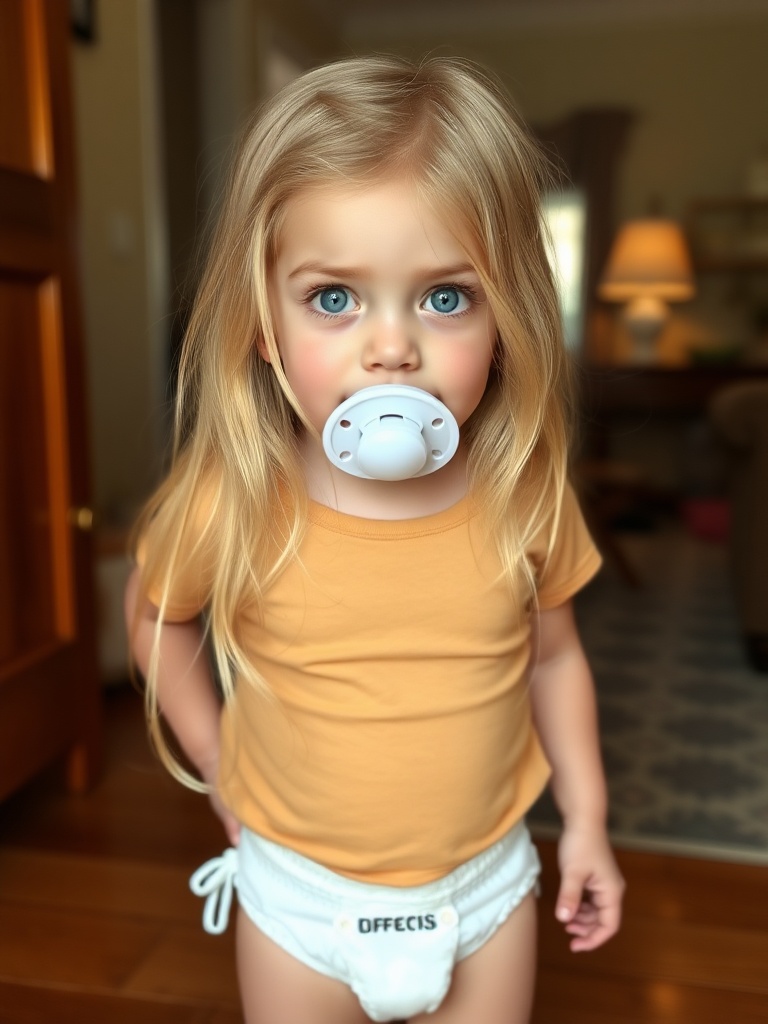 A young child with blonde hair stands wearing a yellow shirt and a white pacifier. The setting is indoors with warm tones and soft lighting.