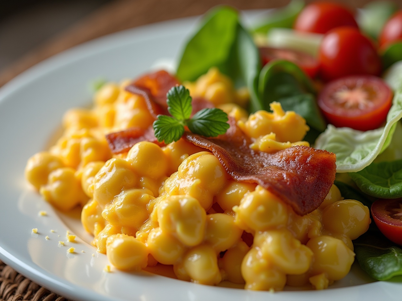 This image showcases a delicious serving of scrambled eggs, topped with crispy bacon and melting cheese. Surrounding the eggs are fresh greens and cherry tomatoes, adding color and nutrition to the dish. The meal is presented on a white plate, emphasizing the vibrant colors of the food. The natural lighting highlights the creamy texture of the eggs and the freshness of the salad. It’s a perfect breakfast choice for those looking for a hearty and satisfying meal.