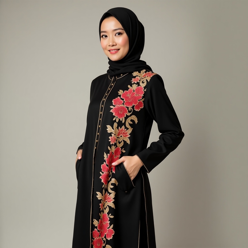 A person dressed in traditional Malay attire wearing a hijab. The Baju Kurung features intricate floral patterns in red and gold. The fabric is black with detailed embroidery. The individual stands confidently against a neutral background. Soft lighting enhances the elegance of the pose and attire. Emphasizes cultural identity and fashion.