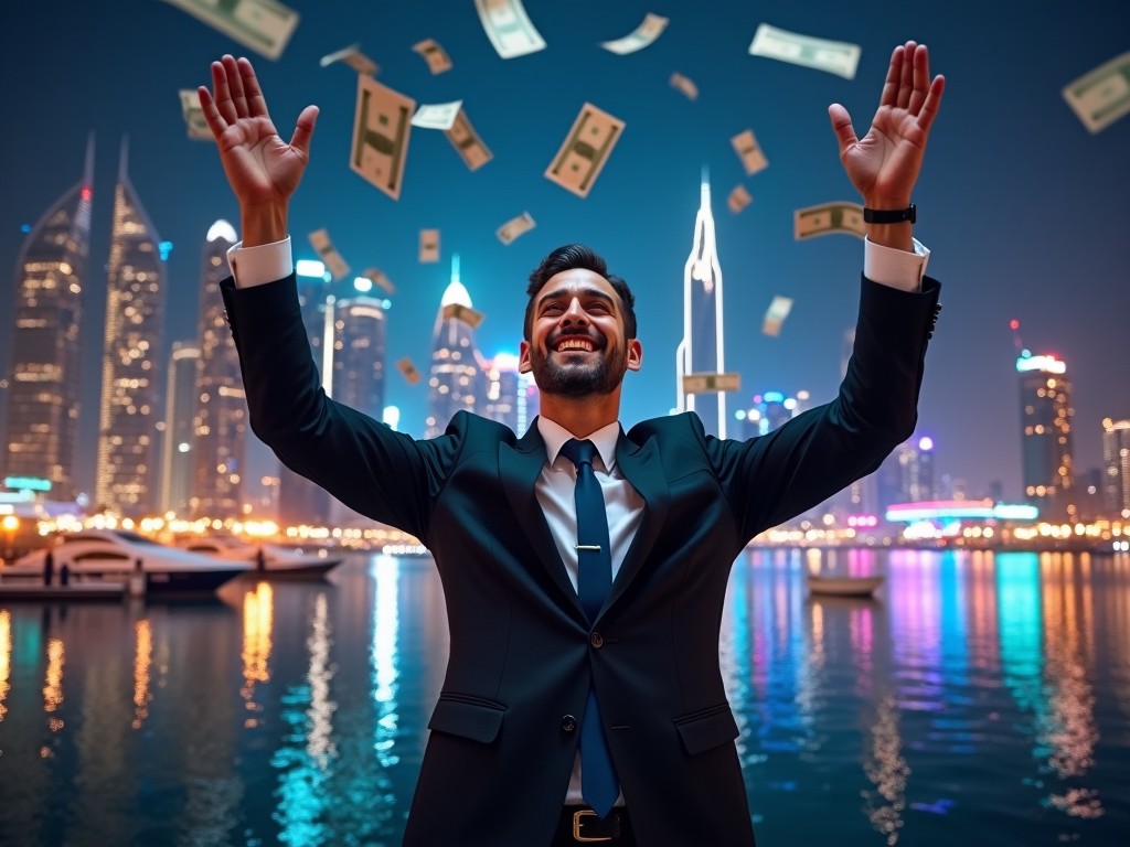 The image shows a man dressed in a formal black suit with a tie, standing by the water in a vibrant city at night. He has his arms raised joyfully, with money bills floating around him. The skyline of a modern city is visible in the background, illuminated beautifully. The atmosphere conveys a sense of achievement and success. The scene is lively and captures the essence of prosperity and celebration.