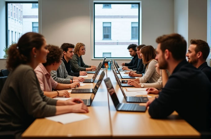 A group of people in a meeting room sitting at a long table with laptops.