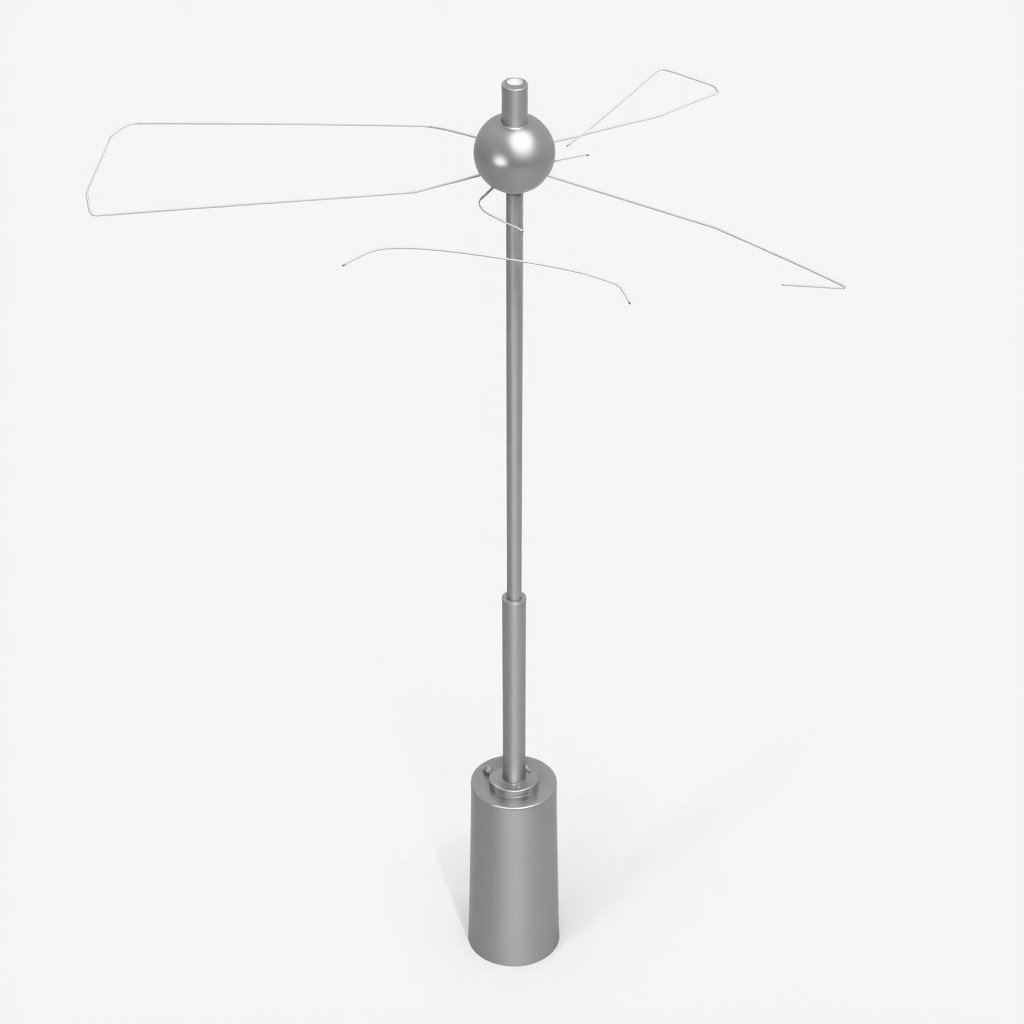 3D representation of a mast antenna. The design is sleek and simple. The antenna comprises a central post with two horizontal blades extending from the top. The base is cylindrical. The material appears metallic and reflective.