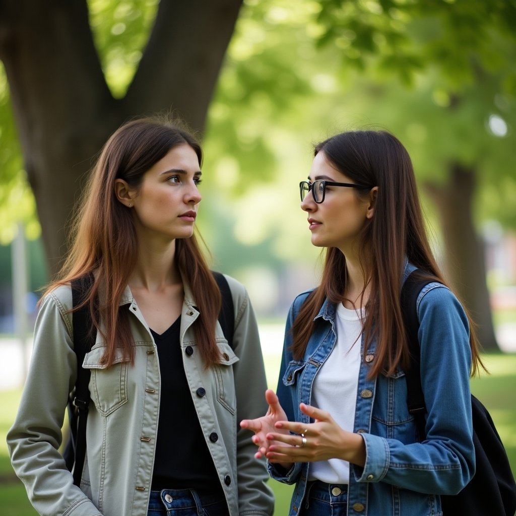 The image shows two university girl students having a serious conversation under a large tree. One student appears to be explaining something with her hands expressive. Both girls are dressed casually and look focused on each other. The background features lush greenery typical of a college campus. The lighting is bright, enhancing the outdoor setting. This scene captures the essence of student life and camaraderie.