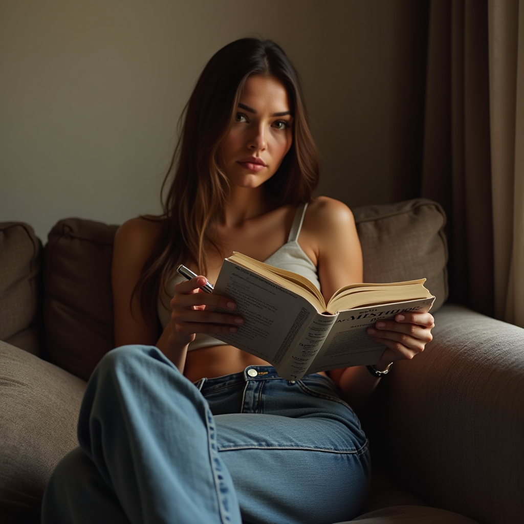 A woman sits on a couch, intently reading a book with a pen in hand.