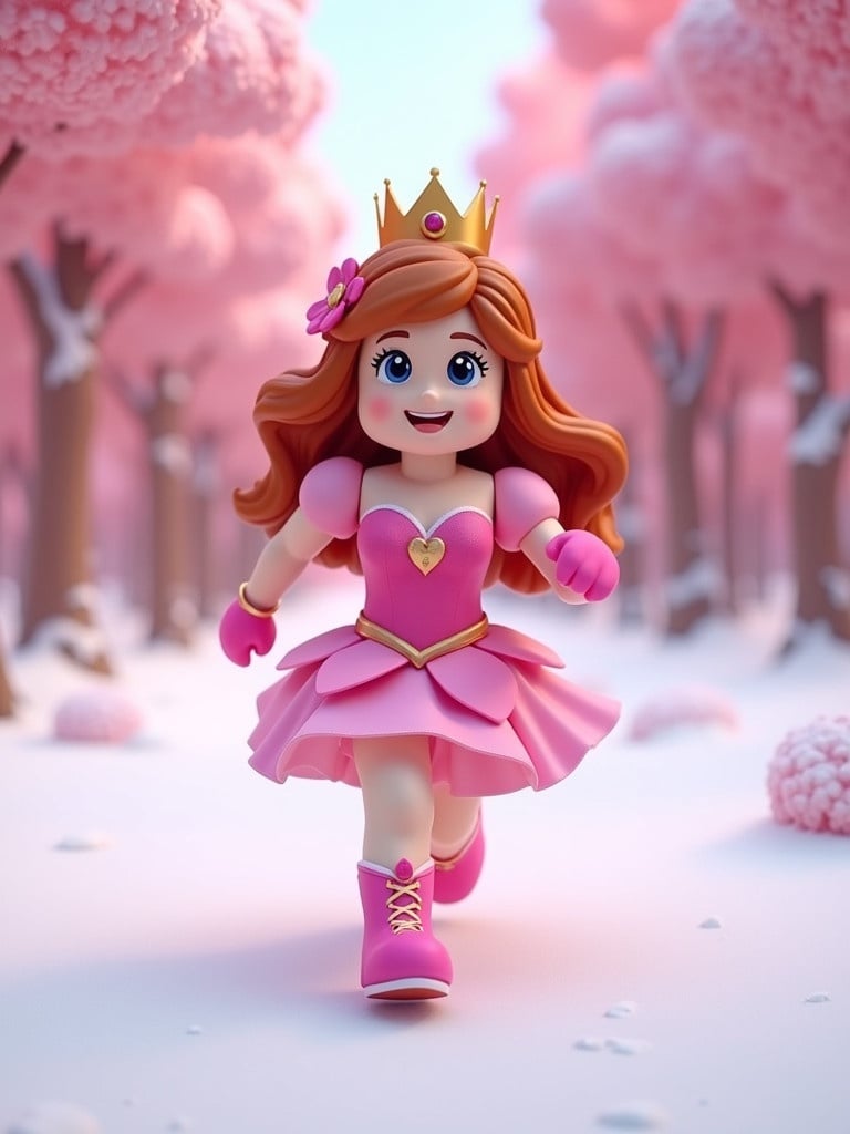 Image shows a Roblox-style character that looks like a princess running through a pink forest with snow and playful expression.