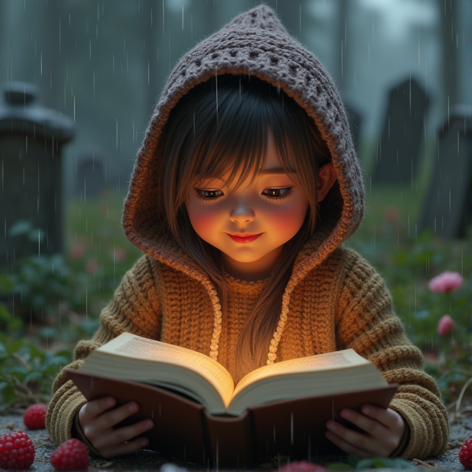 A child in a knitted hoodie reads a glowing book amidst rain in a graveyard.