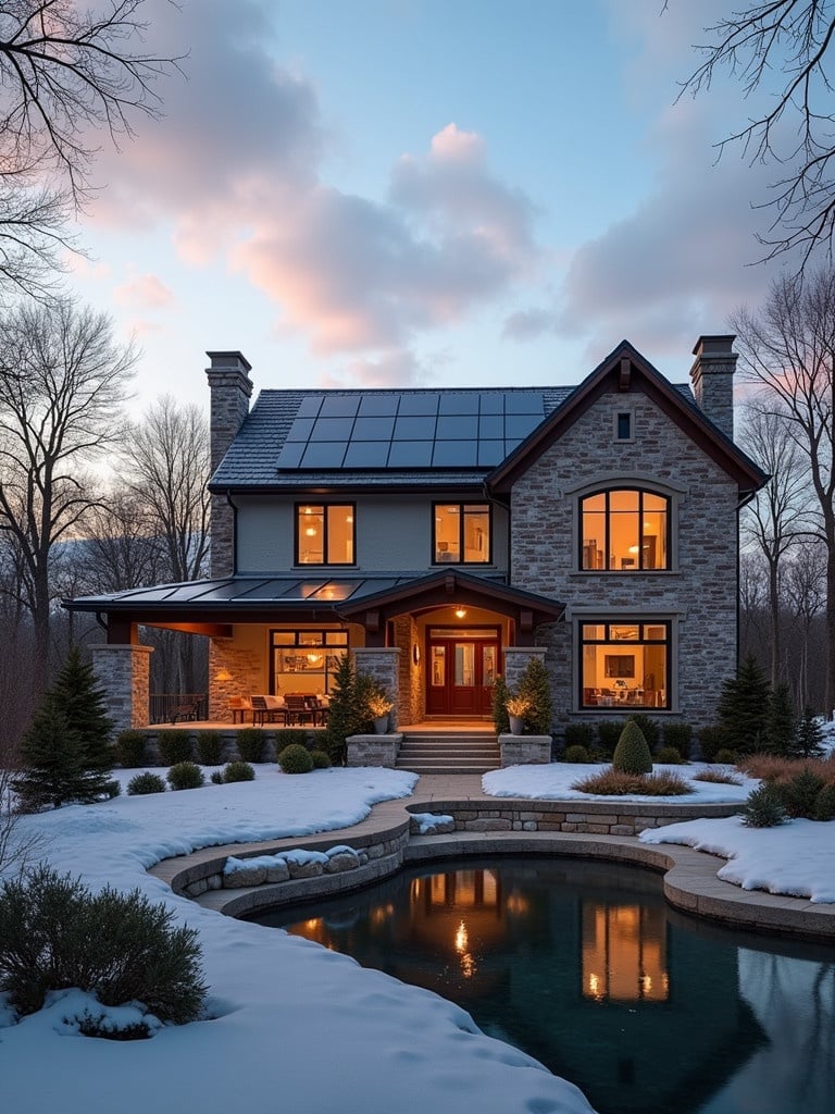 A luxury home showcases solar panels. Scene captured in January with snow covering the ground. Soft evening light enhances the architectural details. The house is surrounded by nature.