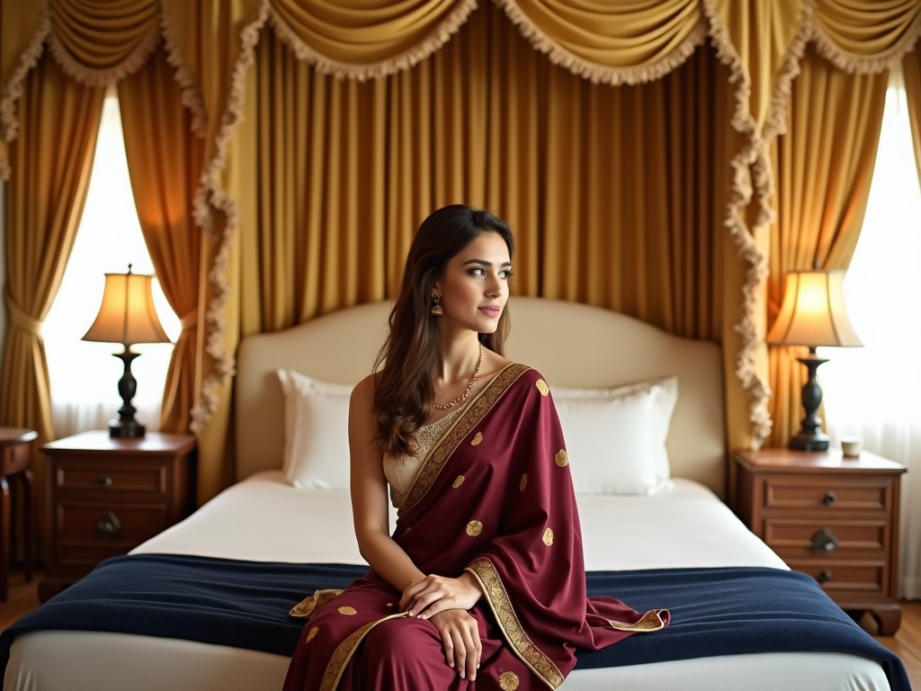 The bedroom is decorated in warm gold tones, featuring ornate curtains and a large canopy bed. The bed has a cream-colored headboard adorned with a navy blue blanket. There are two bedside tables equipped with lamps, along with a small table in the corner. The room is bathed in natural light streaming through the windows, creating a bright and inviting atmosphere. A woman wearing a maroon sari with gold polka dots and a gold border is present. She pairs it with a sleeveless, cream-colored blouse that has lace detailing at the neckline. Her brown hair is styled loosely, and she is sitting on the bed, adding to the serene elegance of the space.