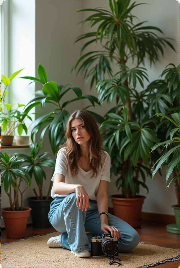 A person in casual clothes sits on the floor surrounded by lush potted plants, holding a camera.