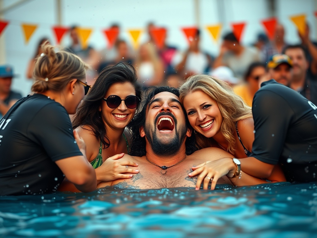 A group of friends laughing and enjoying themselves in a pool party setting.