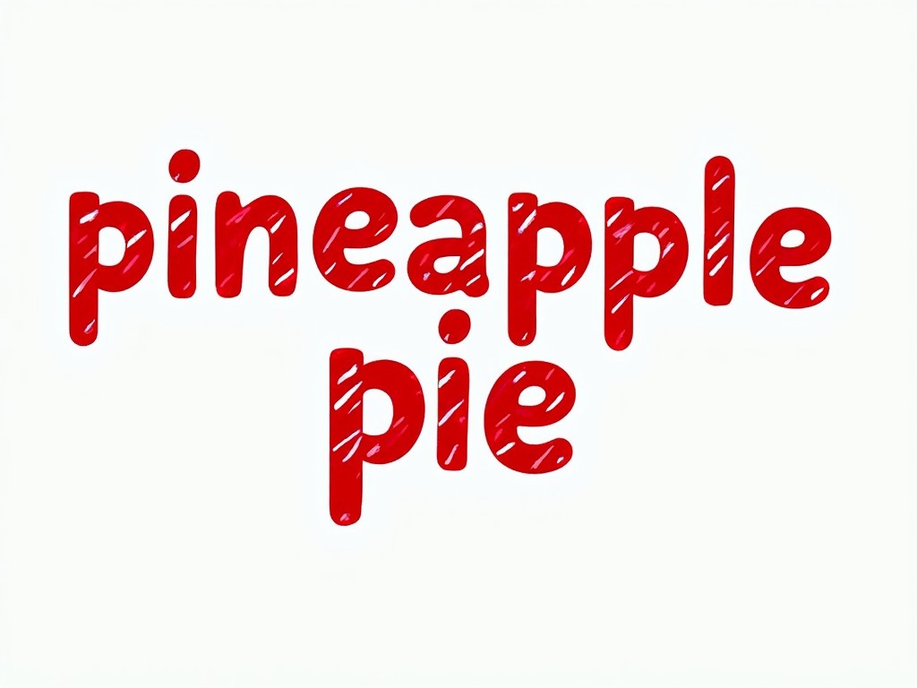 This image features a typographic design showcasing the words 'pineapple pie.' The letters are styled in a bright red color with white stripes that resemble candy canes. The playful font adds a whimsical touch to the design. It emphasizes the deliciousness of pineapple pie, making it inviting and cheerful. This artwork can be used in food-related marketing and branding contexts.