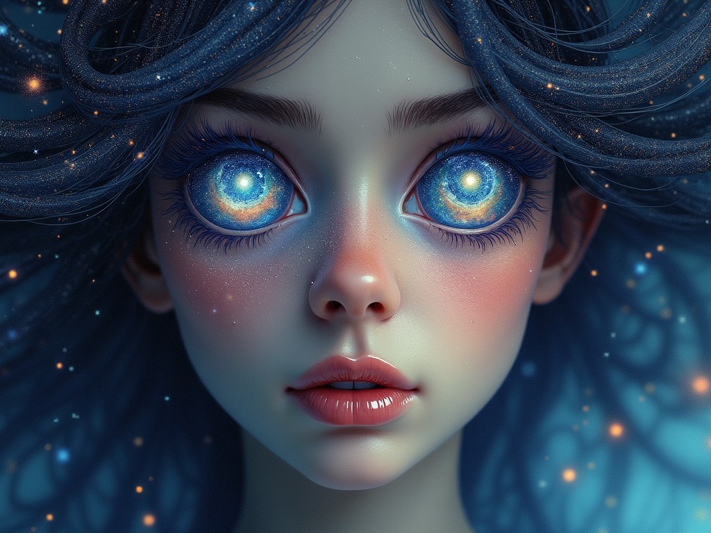 This captivating digital artwork features the face of a young girl with an ethereal appearance. Her large, expressive eyes are filled with cosmic swirls resembling galaxies, drawing the viewer into their mesmerizing depths. Her hair, dotted with stardust, floats around her, adding a sense of weightlessness to her celestial presence.