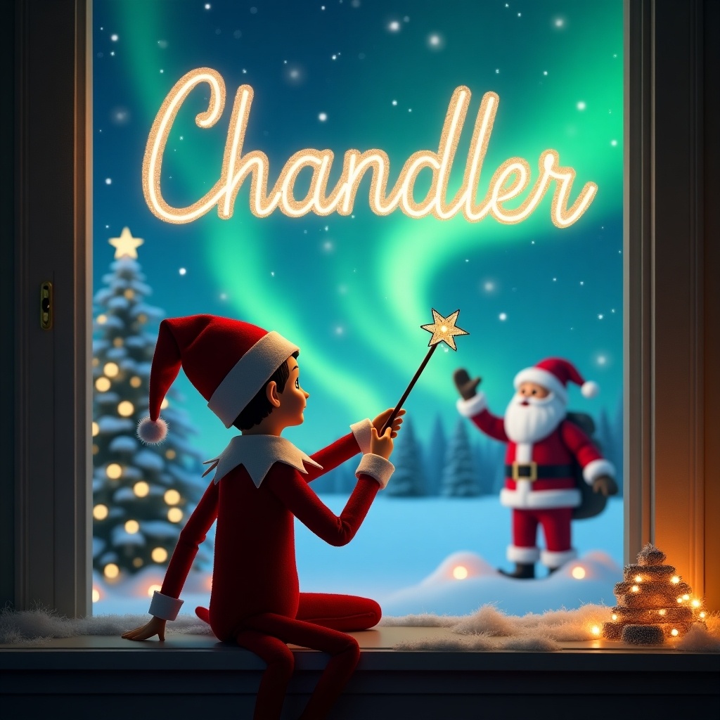 Elf on the shelf faces the sky. Elf uses wand to write Chandler in the sky. Background features magical Christmas scene. Northern lights create a colorful display. Santa appears in the distance. Festive atmosphere with snow and trees.