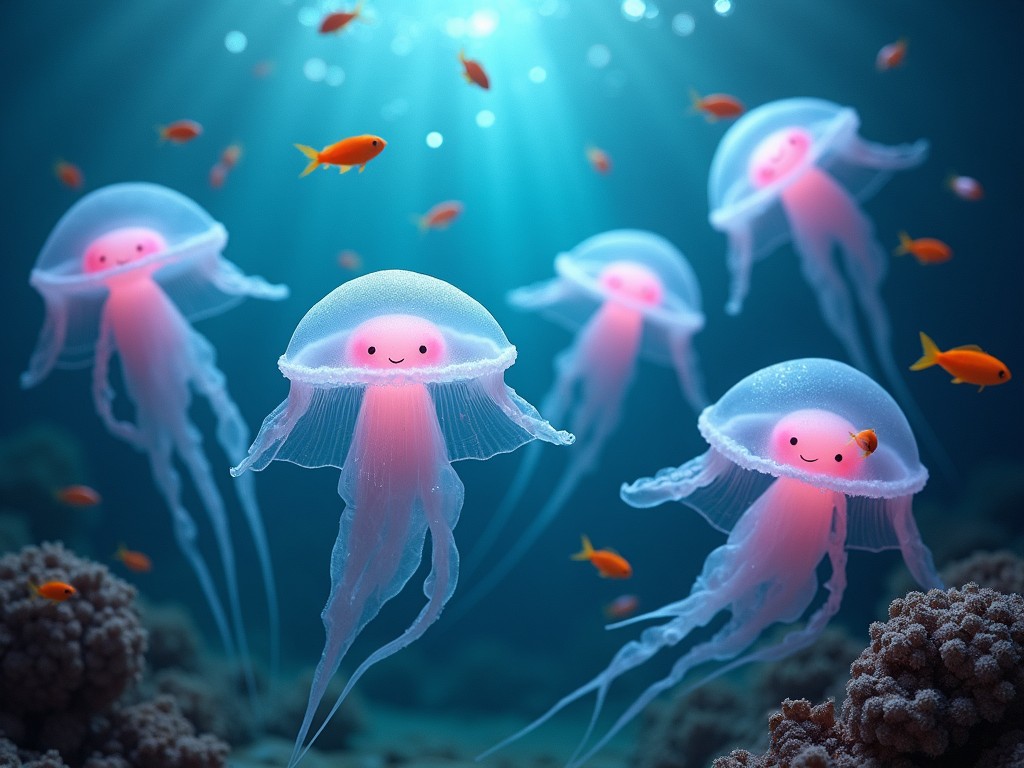 A vibrant underwater scene featuring smiling jellyfish. The jellyfish are semi-transparent with a soft pink glow. Small orange fish swim around them, adding to the lively atmosphere. The lighting is gentle, with rays of sunlight filtering down from the surface. Coral reefs are visible in the background, creating a rich marine environment.