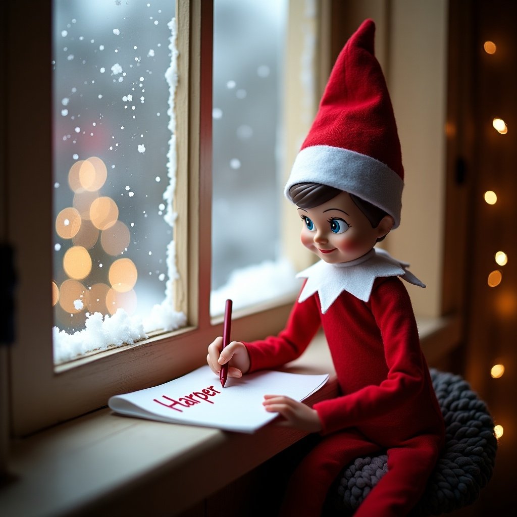 This image features a charming elf doll seated by a window at the North Pole. The elf is wearing a classic red and white outfit, complete with a pointed hat. The scene is set against a snowy backdrop, with gently falling snowflakes and a twinkling tree outside. The elf is focused on writing the name 'Harper' on a piece of paper. The warm, cozy lighting creates a magical, festive atmosphere. This captures the essence of holiday spirit and childhood wonder.