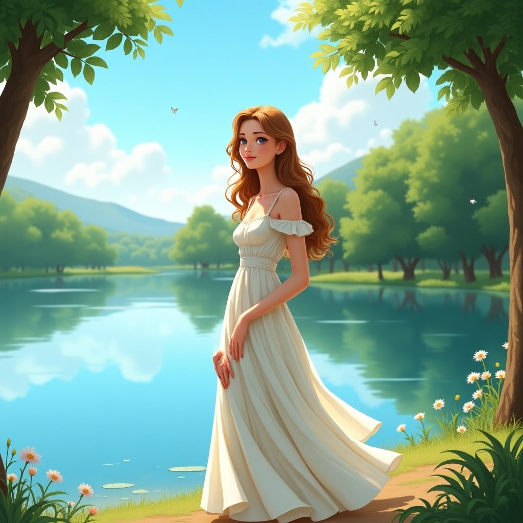 A serene landscape featuring a woman in a flowing white dress by a calm lake. Lush greenery surrounds, with soft natural light creating a peaceful atmosphere.