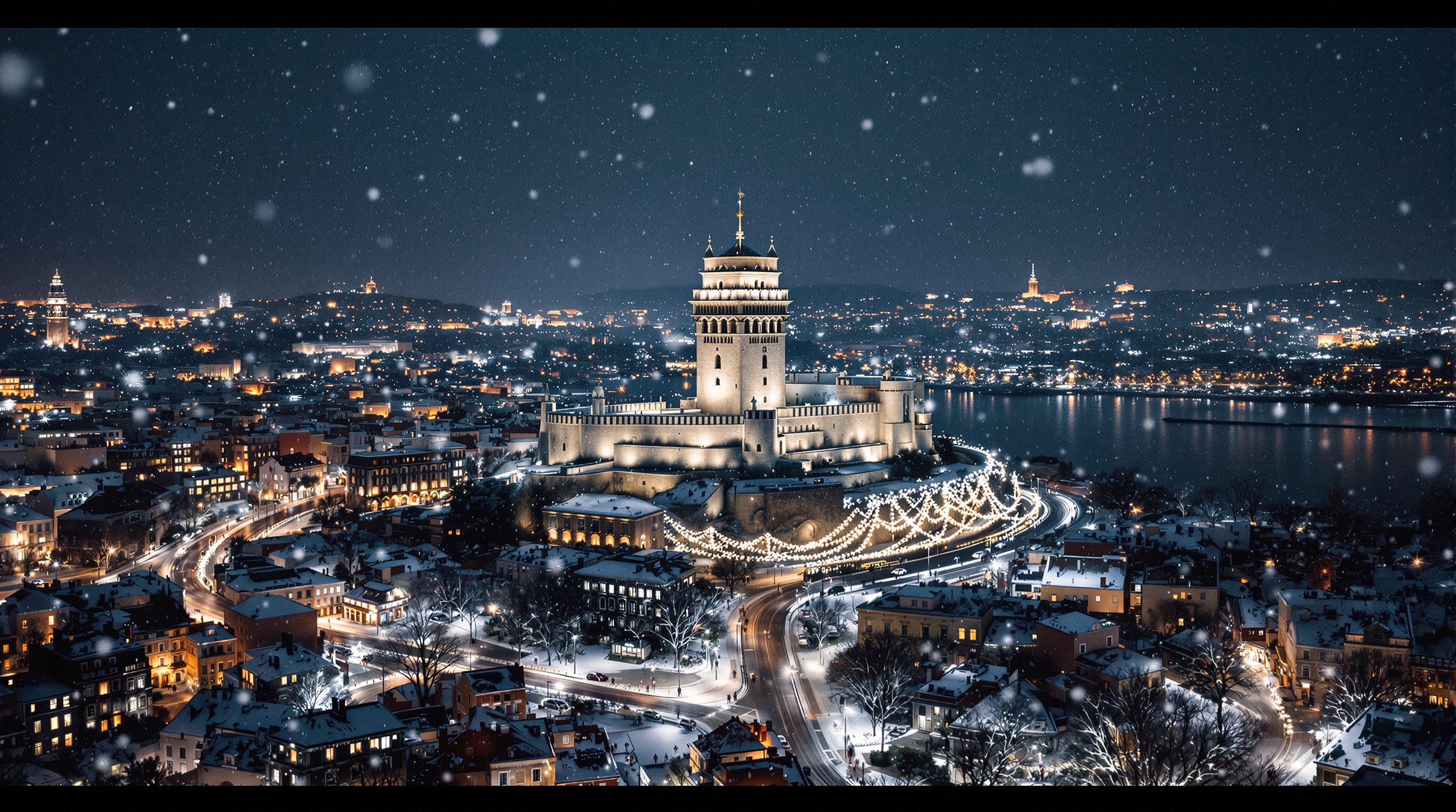 Cinematic aerial shot of a snowy city at night. Features Torre de Belém prominently in the background. Includes twinkling lights and gentle snowfall for a festive feel. Image captures a wide view of the cityscape.