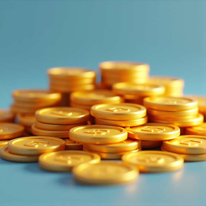 A pile of shiny golden coins is stacked against a soft blue background.