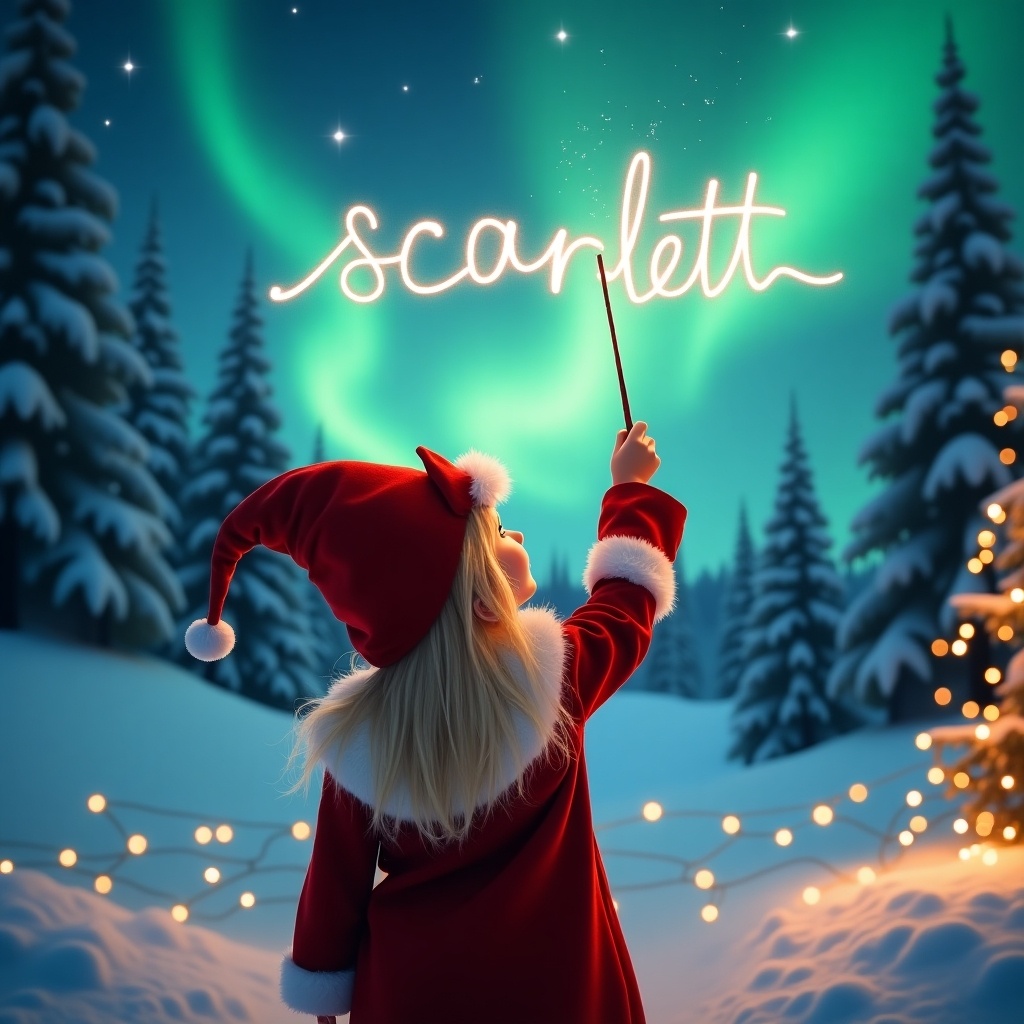 A scene featuring a blonde girl dressed in an elf costume, turned away from the viewer. She is gazing skyward, using a wand to write the name 'scarlett' in the air. The background showcases magnificent northern lights above a wintry landscape covered in snow. Snow-covered trees dot the landscape, enhancing the winter theme. Twinkling lights are strung across the foreground, adding a warm and cozy feel. This imagery evokes a festive and cheerful mood, perfectly capturing the essence of the holiday season.