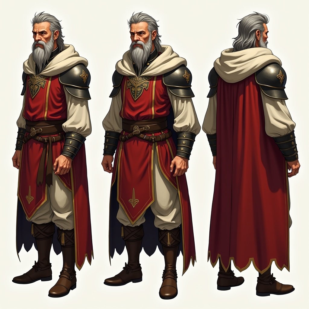 Character design for a medieval king. Old man with a brown skin tone. Anime style. Turnaround showing multiple angles. Dressed in an elaborate costume featuring a cloak and armor.