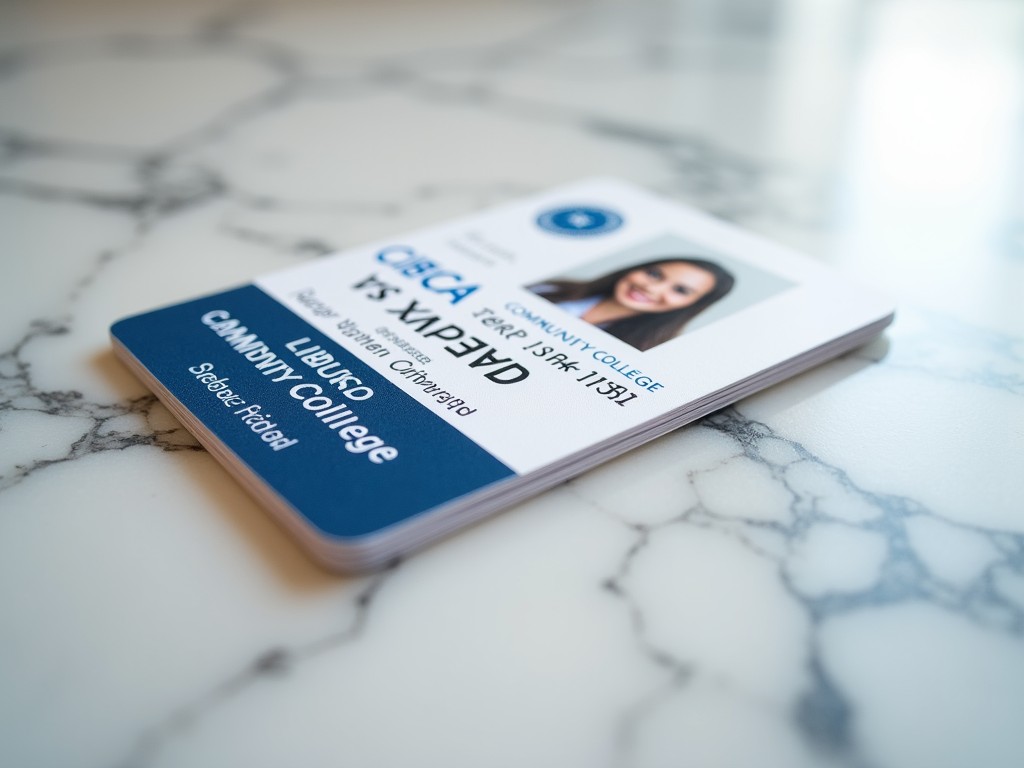 The image features a student ID card from CIBICA Community College lying flat on a polished marble surface. The card displays the college logo and various identification details. The marble surface provides a sleek and professional backdrop. Natural lighting enhances the visibility of the card's information. This stylish presentation is perfect for educational marketing or campus-themed articles.