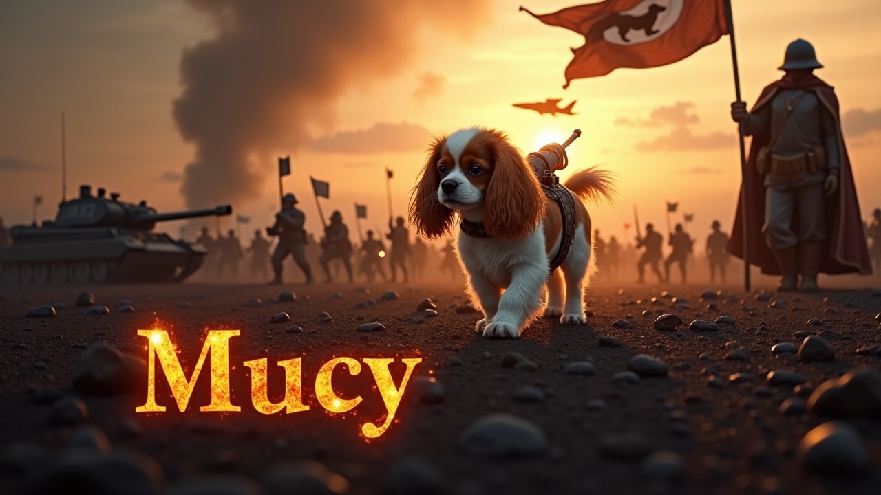 In a dramatic and awe-inspiring scene, a fluffy brown and white cavalier king charles spaniel walks across a dark, desolate battlefield. There is a small cannon strapped to its back. Nearby, a figure wearing a cloak stands valiantly holding a flag with a dog emblem. In the background are a multitude of small soldiers holding rifles as well as tanks, barely visible among the shadows. The sky is lit by the bright radiance of the sun. A jet fighter passes overhead. At the bottom, we see the text 'Mucy' boldly displayed, in fiery writing.