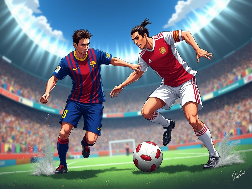 A vibrant illustration of two soccer players in action at a stadium, with a detailed digital art style, showcasing a dynamic competition and dramatic lighting.