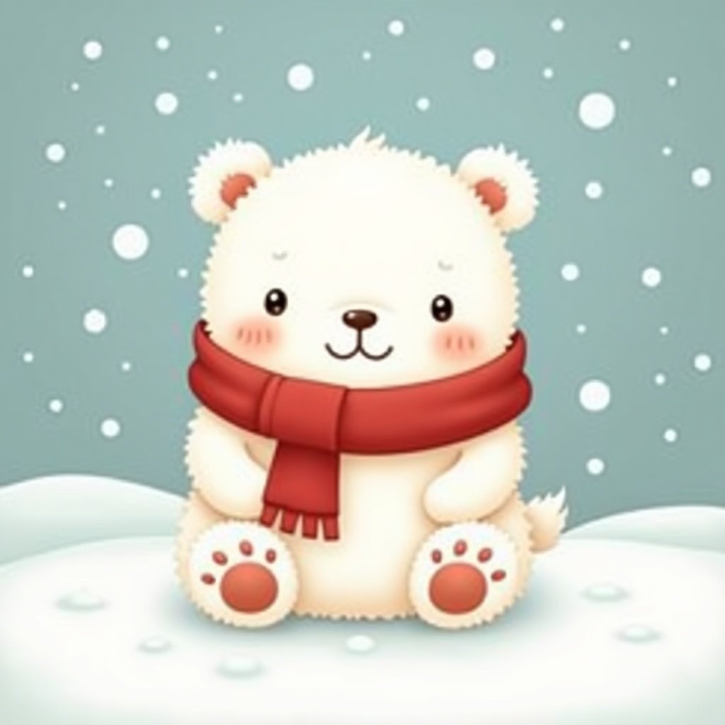 Cute illustration of a fluffy white bear sitting happily in the snow wearing a red scarf. Soft winter snowfall with gentle snowflakes and a calm background. Warm and festive atmosphere.