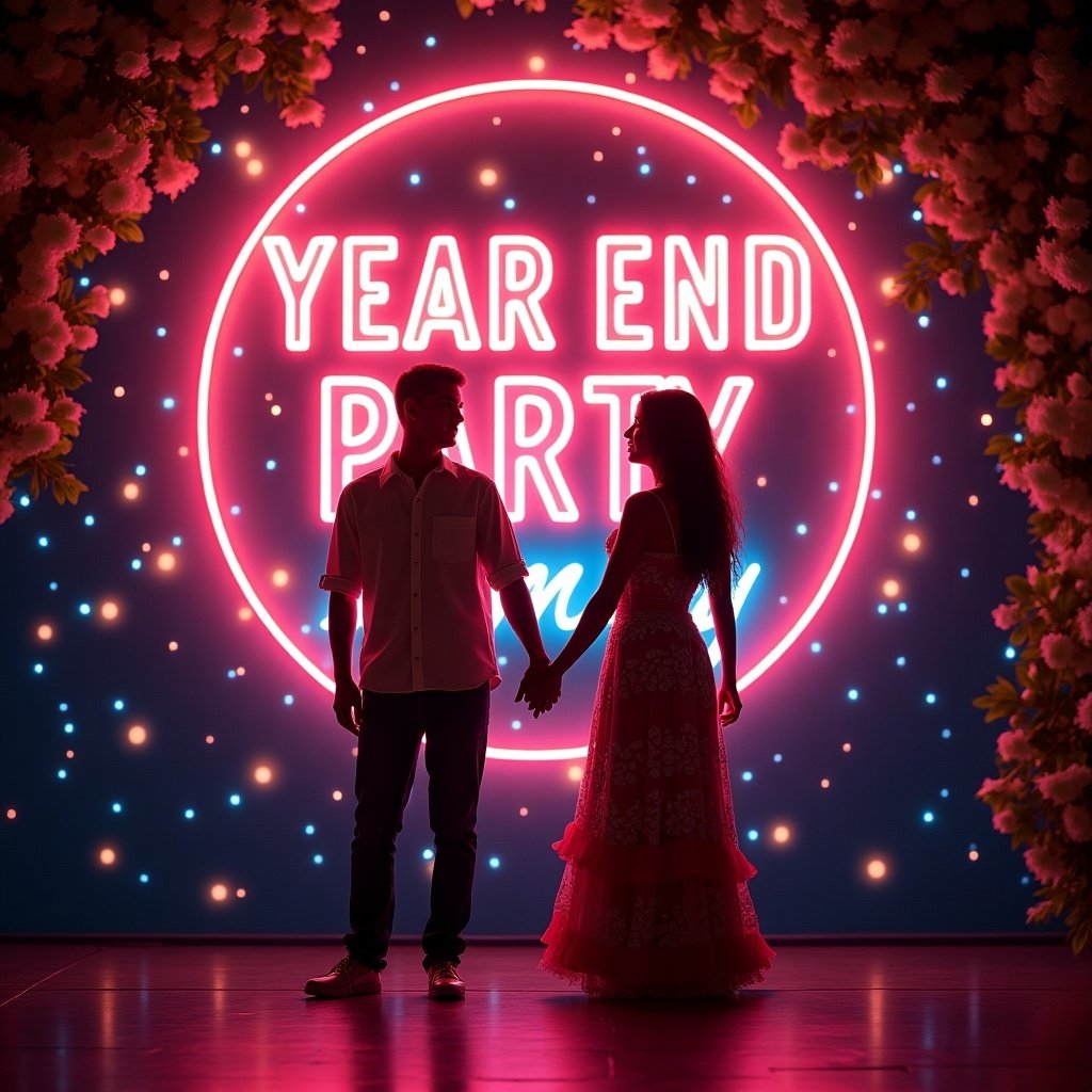 Neon poster for Christmas with vibrant colors and fonts. Text says YEAR END party with a cinematic mood. Couple in traditional clothing holding hands in a joyful setting. Design blends modern and folk elements to reflect Filipino Christmas spirit.