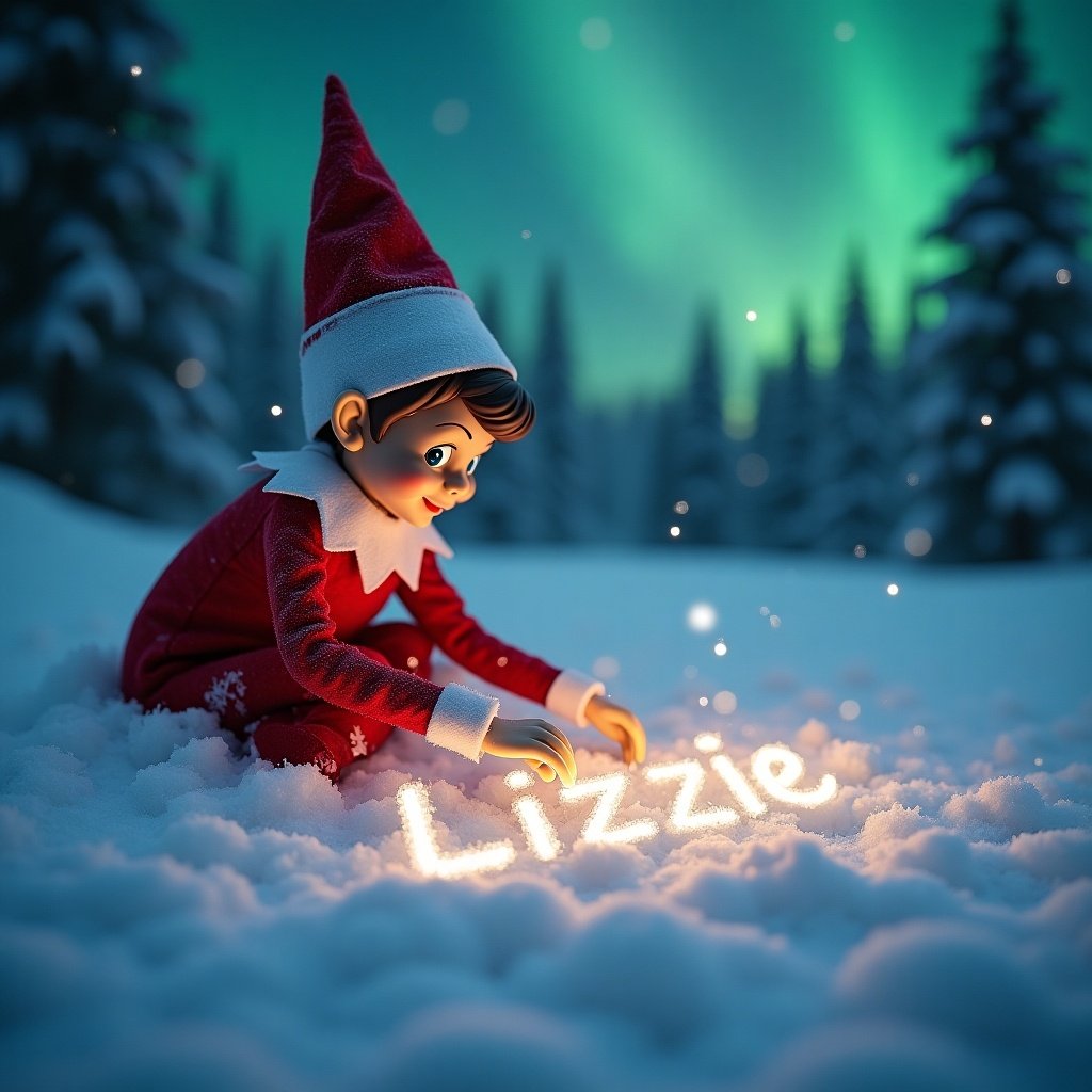 A whimsical scene of an elf on the shelf writing the name 'Lizzie' in snow. The elf is in a red and white outfit creating a glowing name. The snowy background fits the winter theme, with northern lights illuminating everything. The name is in cursive, representing holiday enchantment.