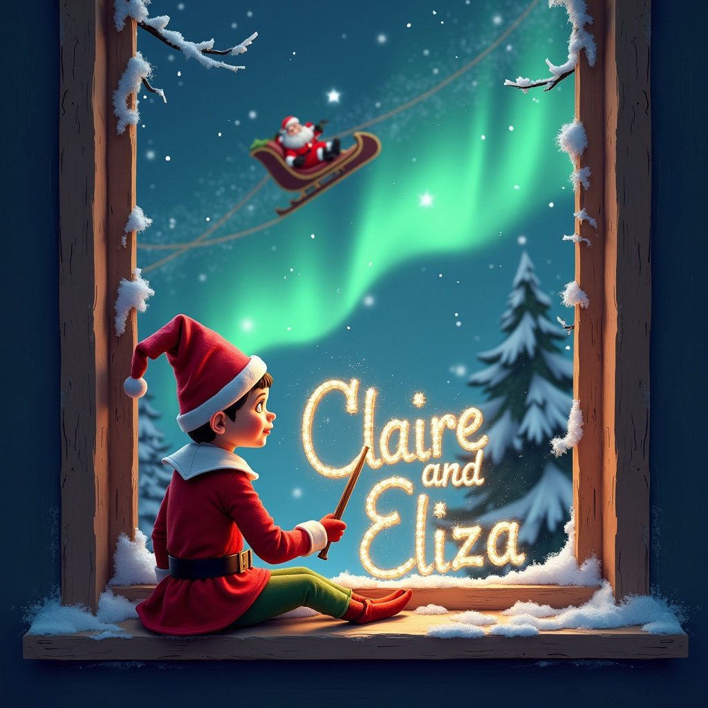 Whimsical Christmas scene with an elf on a window ledge. Elf looks at colorful northern lights while writing 'Claire and Eliza' in sparkling letters. Santa in his sleigh adds to the festive spirit. Elf wears a red costume and pointed hat. Snow decorates the window sill.