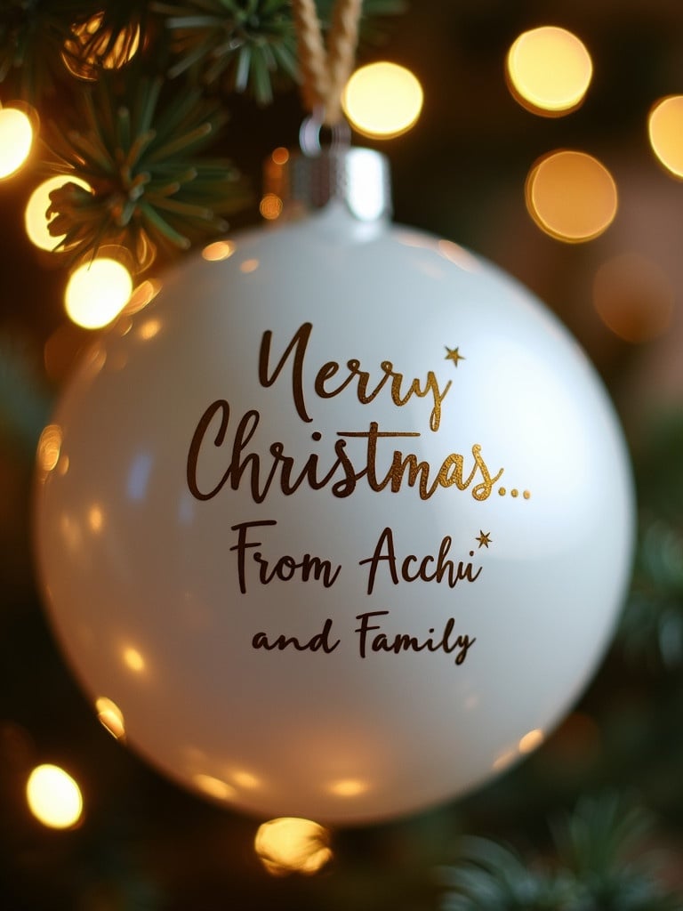 Close-up view of a festive white Christmas bauble. Text on bauble reads 'Merry Christmas...From Acchu and Family'. Background features twinkling lights creating a magical atmosphere.