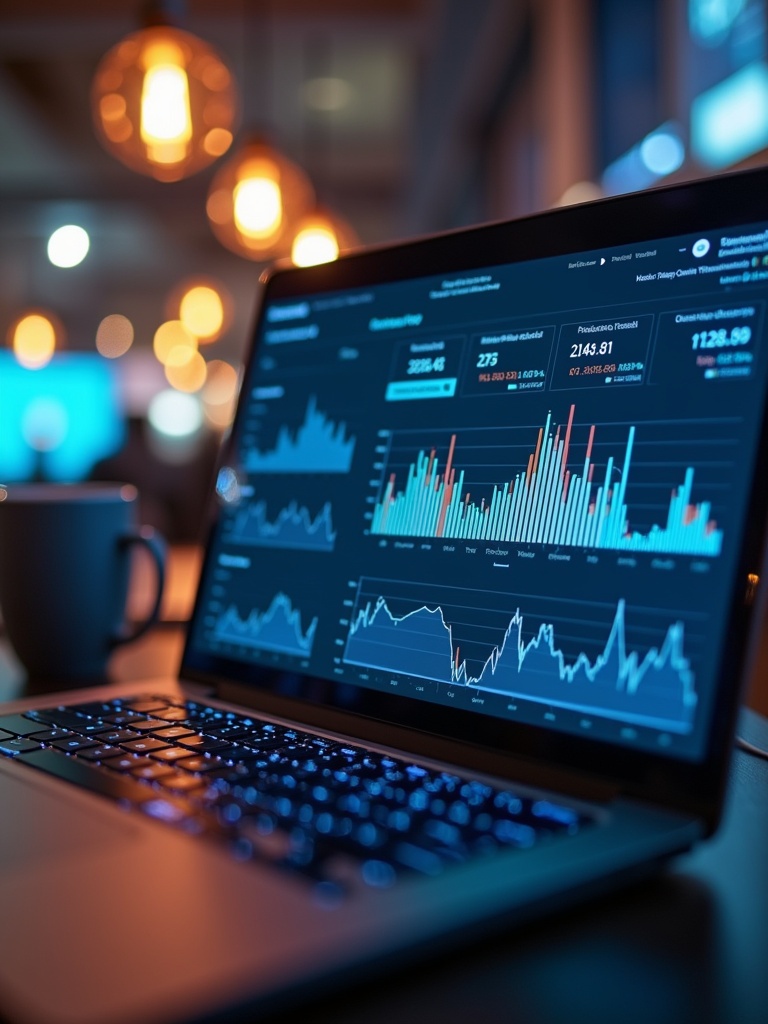 A laptop with a data analysis dashboard on the screen. The screen displays various graphs and statistics. Surrounding ambiance is well-lit with warm colors. The laptop is placed on a desk with a coffee cup nearby. Focus on the visual data and technology theme.