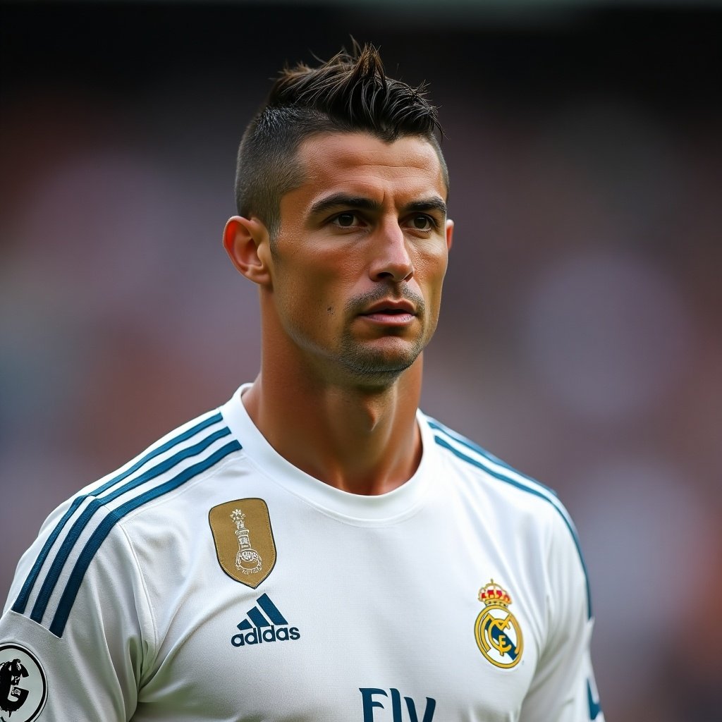 Photo features a football player wearing a Real Madrid jersey. The player is recognized for achievements in sports. He appears older, possibly at 50 years. The jersey shows team colors and logo clearly.