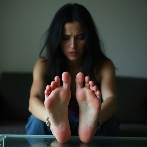 Mature goth woman with long black hair shows injured soles of bare feet. She sits on a couch with her feet on a glass table. She appears worried.